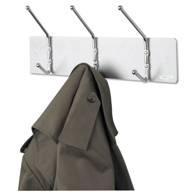 Safco Metal Wall Rack, Three Ball-Tipped Double-Hooks, Metal, 18w x 3.75d x 7h, Satin
