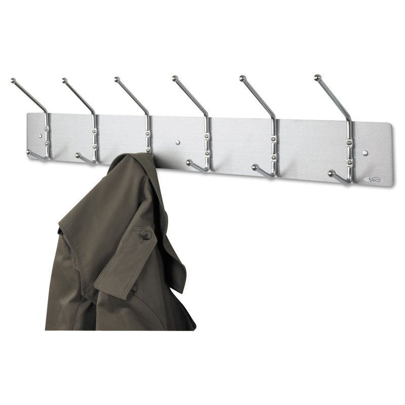 Safco Metal Wall Rack, Six Ball-Tipped Double-Hooks, Metal, 36w x 3.75d x 7h, Satin