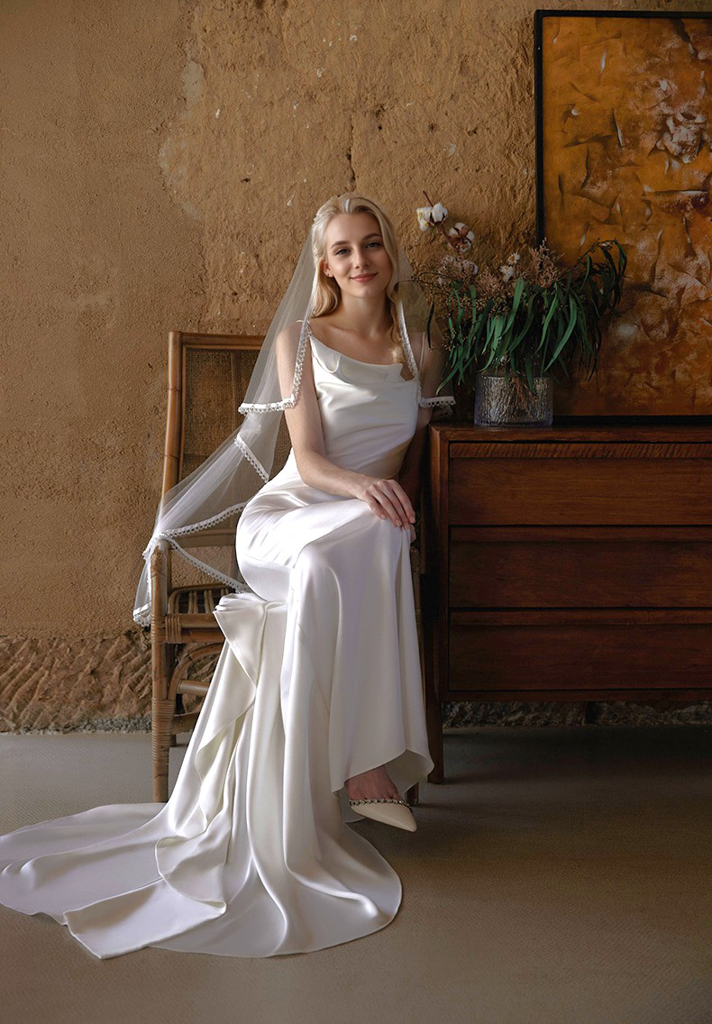 Romantic Draped Cowl Neck Satin Wedding Dress with Low Back and Train