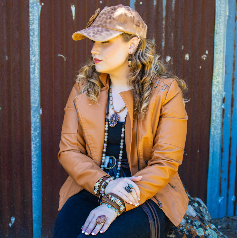 Hand-Painted Leopard Suede Baseball Cap w/ Flowers Tan 986L