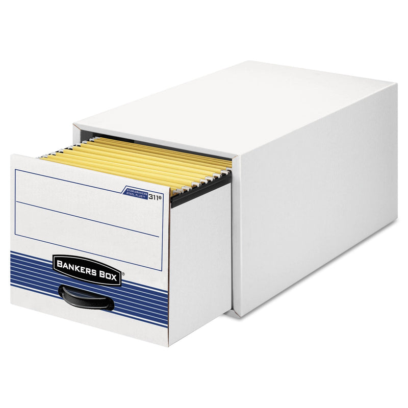 Bankers Box STOR/DRAWER STEEL PLUS Extra Space-Savings Storage Drawers, Legal Files, 17" x 25.5" x 11.5", White/Blue, 6/Carton