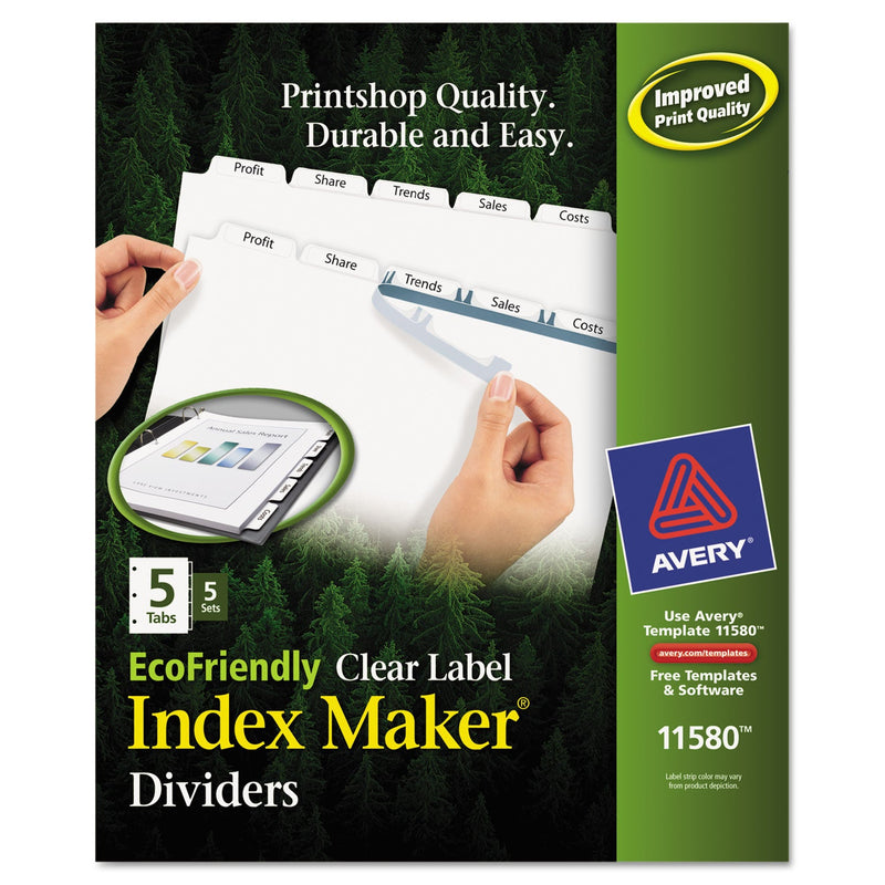 Avery Index Maker EcoFriendly Print and Apply Clear Label Dividers with White Tabs, 5-Tab, 11 x 8.5, White, 5 Sets