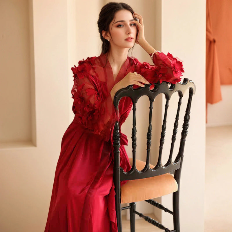 3D Floral Appliqué Sheer Sleeve Satin Robe – Wine Red or Ivory White