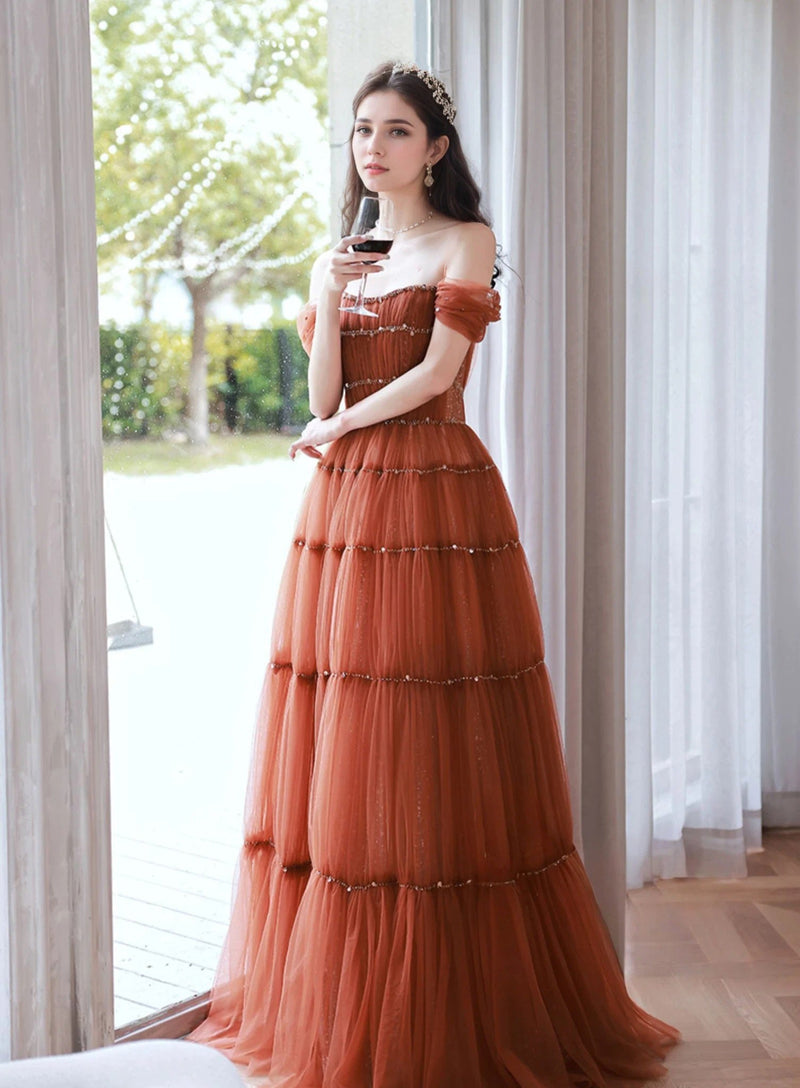 Tiered Tulle Off-Shoulder Gown with Crystal Beading
