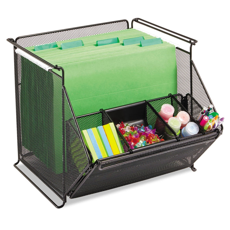 Safco Onyx Stackable Mesh Storage Bin, 4 Compartments, Steel Mesh, 14 x 15.5 x 11.75, Black