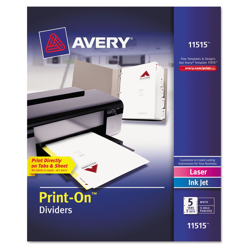 Avery Customizable Print-On Dividers, 3-Hole Punched, 5-Tab, 11 x 8.5, White, 5 Sets