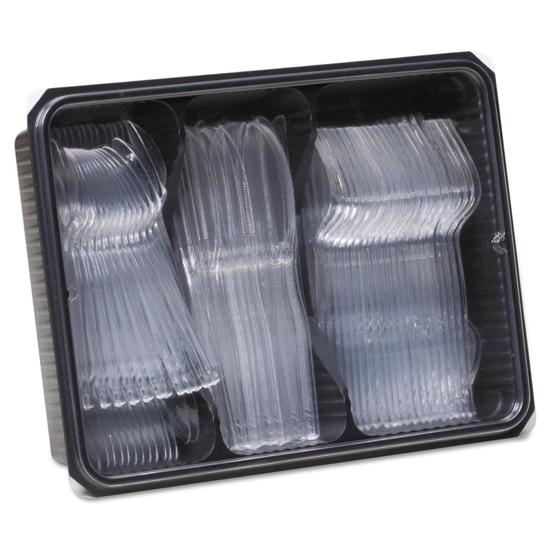 Dixie Cutlery Keeper Tray with Clear Plastic Utensils: 600 Forks, 600 Knives, 600 Spoons