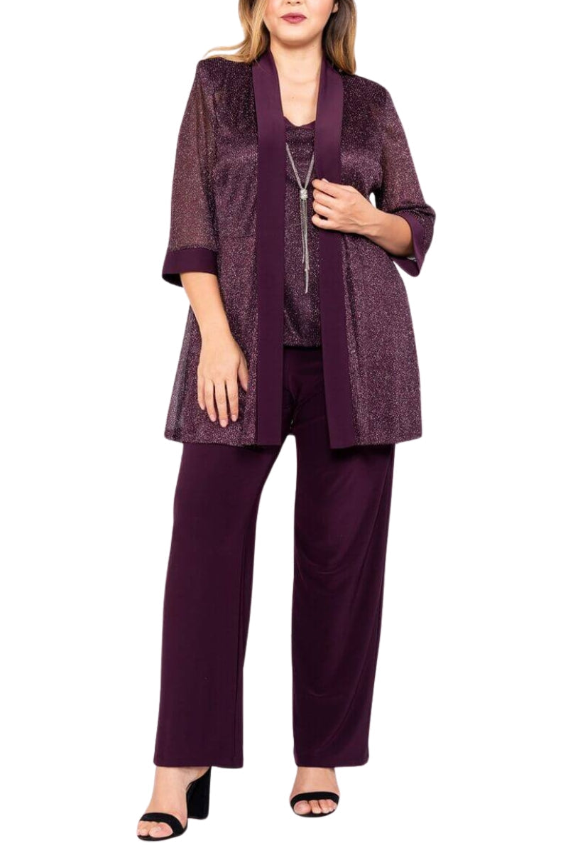 R&M Richards Sleeveless Scoop Neckline Top Dress and Loose Pants with Matching Quarter Sleeves Jacket Three-Piece Set