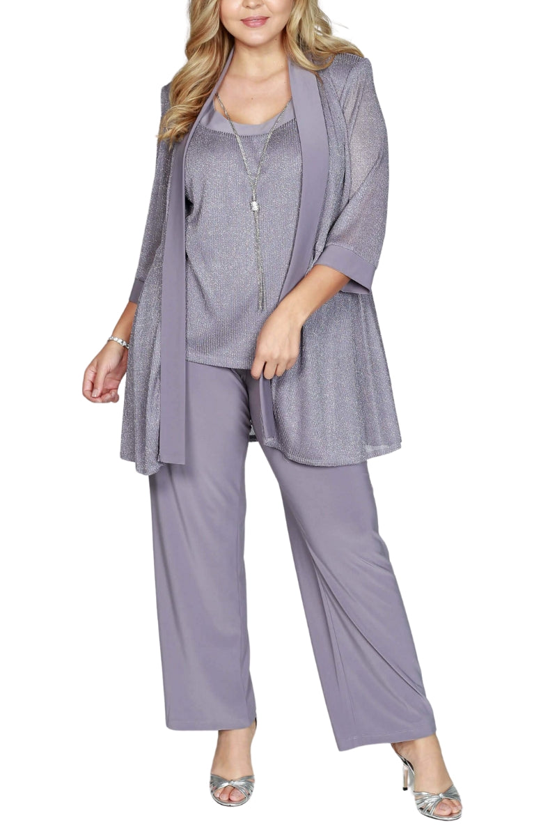 R&M Richards Sleeveless Scoop Neckline Top Dress and Loose Pants with Matching Quarter Sleeves Jacket Three-Piece Set