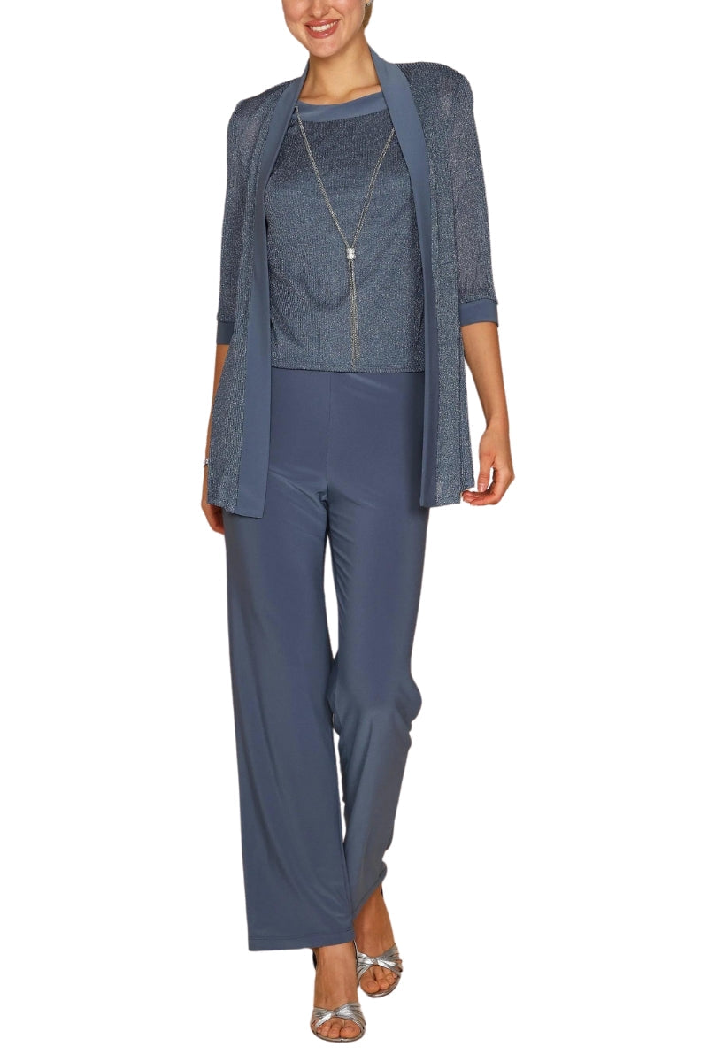 R&M Richards Sleeveless Scoop Neckline Top Dress and Loose Pants with Matching Quarter Sleeves Jacket Three-Piece Set