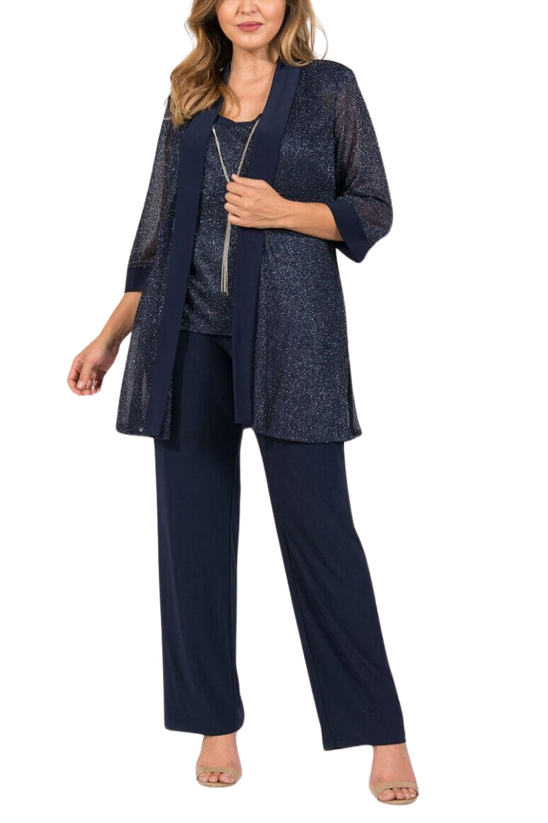 R&M Richards Sleeveless Scoop Neckline Top Dress and Loose Pants with Matching Quarter Sleeves Jacket Three-Piece Set