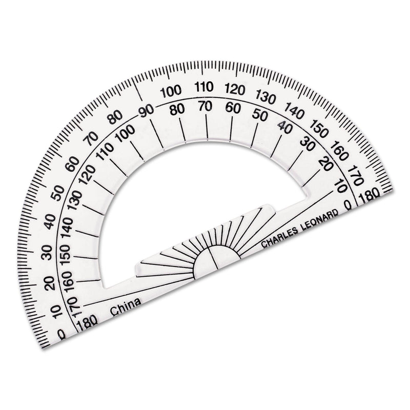 Charles Leonard Open Center Protractor, Plastic, 4" Base, Clear, Dozen