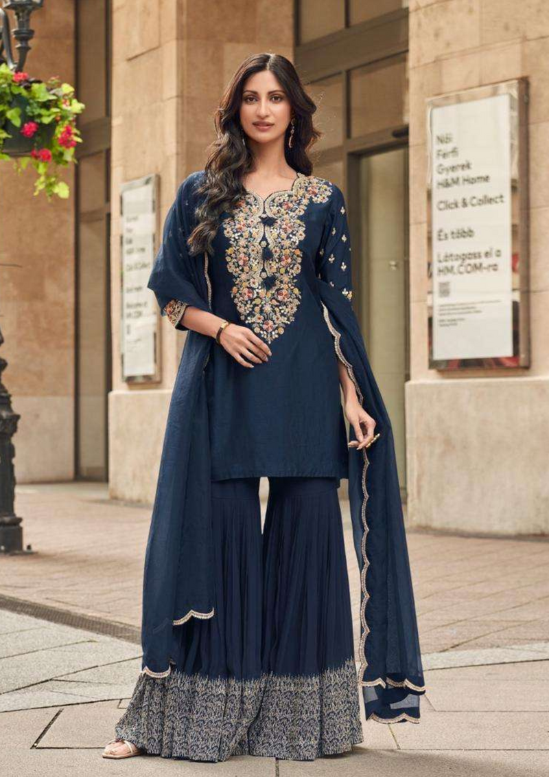 Navy Silk Zari Sequin Embroidered Sharara Suit Set