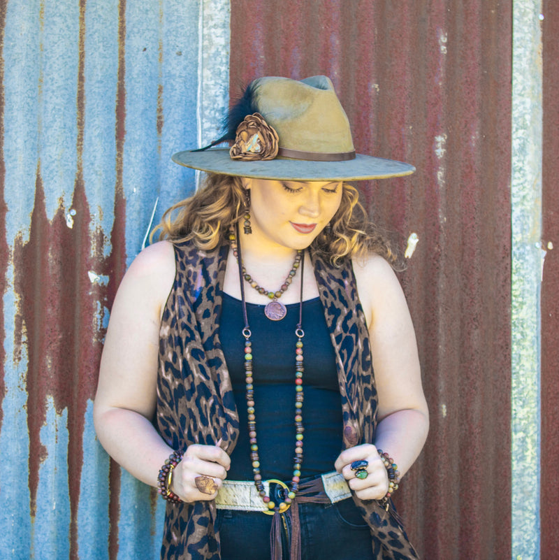 Picasso Jasper Necklace with Wood Beads and Leather Tassel 261i