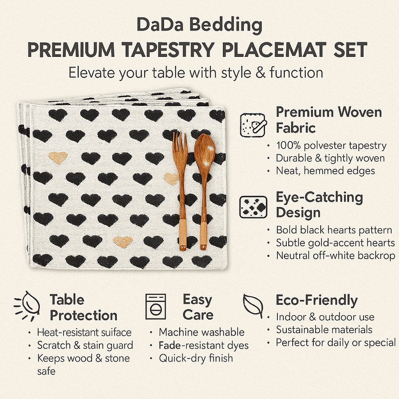 DaDa Bedding Set of 4-Pieces Valentine's day Yellow & Black Hearts Tapestry Dining Table Placemats 13” x 19” (18113)