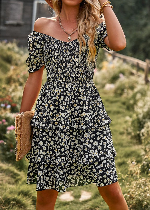 Floral smocked off shoulder dress