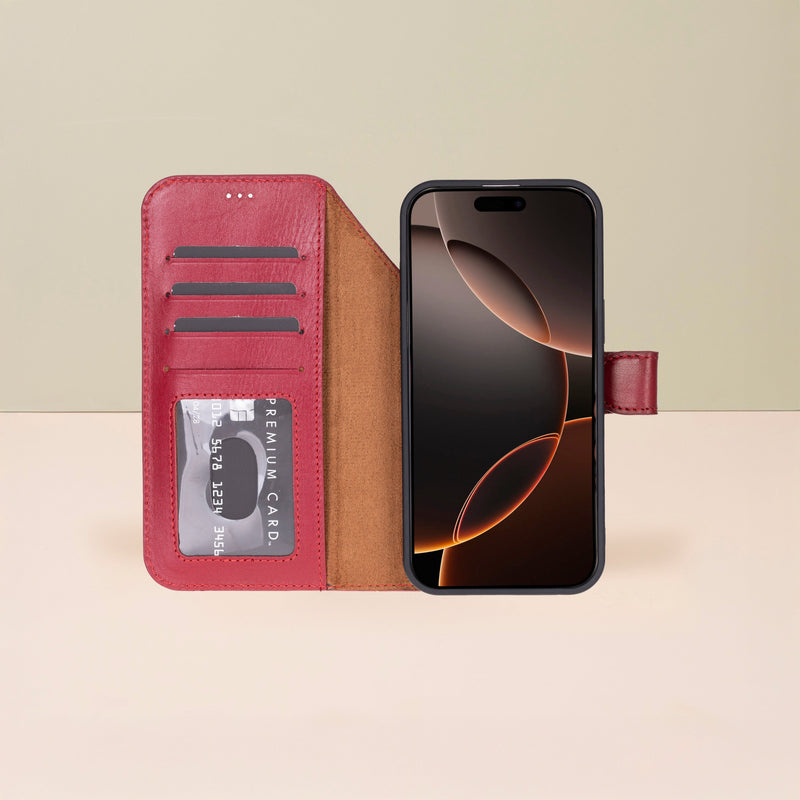 Leather iPhone 17 Pro Max Wallet Case – Red - Austin