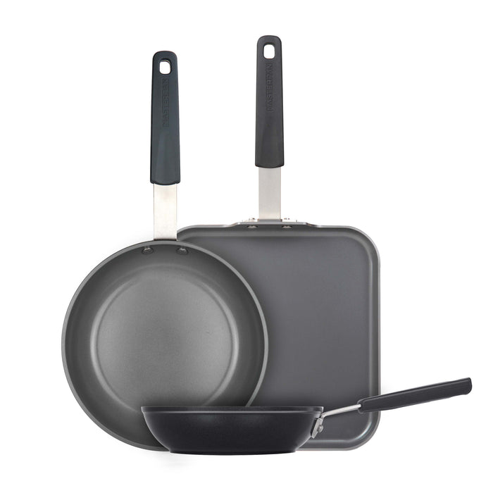 3 PACK CHEFS BUNDLE - 11" GRIDDLE + 8" FRY PAN + 9.5" FRY PAN, WITH STAINLESS STEEL HANDLE, SILICONE HANDLE COVER, CAST ALUMINUM WITH SWISS BRAND ILAG XERADUR 2 CERAMIC PTFE-FREE NON-STICK
