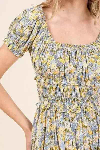 Floral Puff Sleeve Maxi Dress - Romantic Smocked Waist | Femstylo