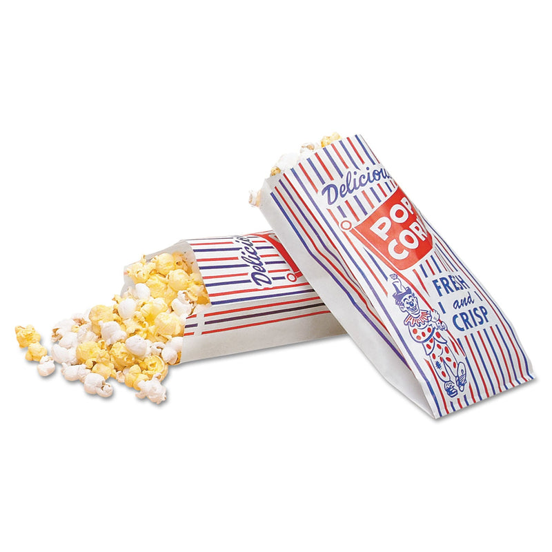 Bagcraft Pinch-Bottom Paper Popcorn Bag, 4 x 1.5 x 8, Blue/Red/White, Paper, 1,000/Carton