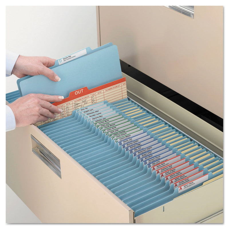 Smead Four-Section Pressboard Top Tab Classification Folders with SafeSHIELD Fasteners, 1 Divider, Letter Size, Blue, 10/Box