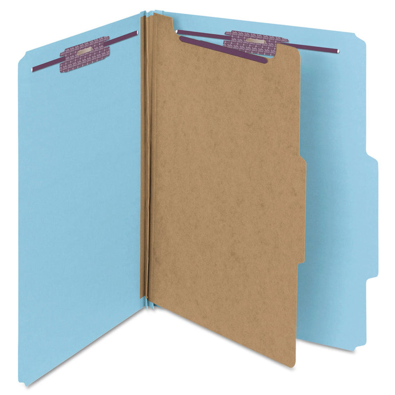 Smead Four-Section Pressboard Top Tab Classification Folders with SafeSHIELD Fasteners, 1 Divider, Letter Size, Blue, 10/Box