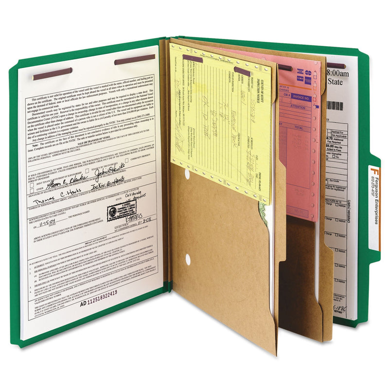 Smead 6-Section Pressboard Top Tab Pocket-Style Classification Folders with SafeSHIELD Fasteners, 2 Dividers, Letter, Green, 10/Box