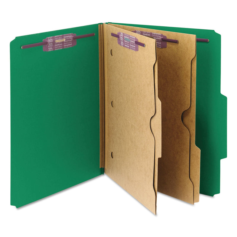 Smead 6-Section Pressboard Top Tab Pocket-Style Classification Folders with SafeSHIELD Fasteners, 2 Dividers, Letter, Green, 10/Box