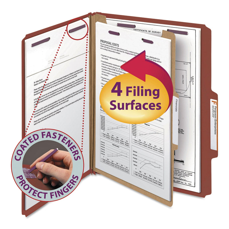 Smead Pressboard Classification Folders with SafeSHIELD Coated Fasteners, 2/5 Cut, 1 Divider, Letter Size, Red, 10/Box