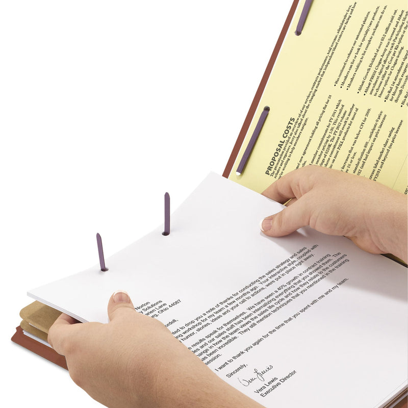 Smead Pressboard Classification Folders with SafeSHIELD Coated Fasteners, 2/5 Cut, 2 Dividers, Letter Size, Red, 10/Box