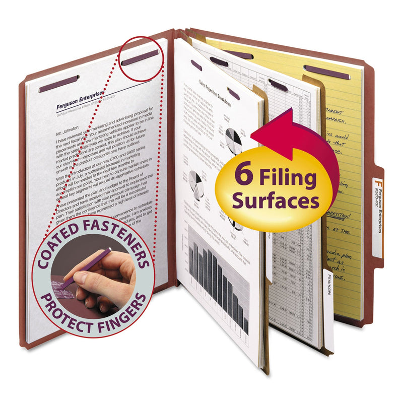 Smead Pressboard Classification Folders with SafeSHIELD Coated Fasteners, 2/5 Cut, 2 Dividers, Letter Size, Red, 10/Box