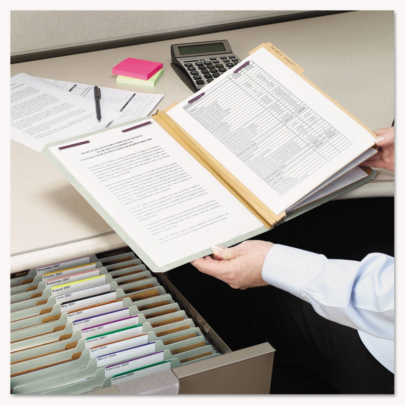 Smead Pressboard Classification Folders with SafeSHIELD Coated Fasteners, 2/5 Cut, 3 Dividers, Letter Size, Gray-Green, 10/Box