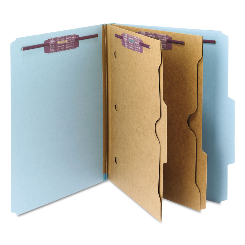 Smead 6-Section Pressboard Top Tab Pocket-Style Classification Folders with SafeSHIELD Fasteners, 2 Dividers, Letter, Blue, 10/Box