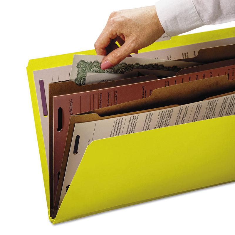 Smead 6-Section Pressboard Top Tab Pocket-Style Classification Folders with SafeSHIELD Fasteners, 2 Dividers, Letter, Yellow, 10/BX