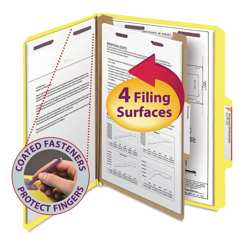 Smead Four-Section Pressboard Top Tab Classification Folders with SafeSHIELD Fasteners, 1 Divider, Letter Size, Yellow, 10/Box
