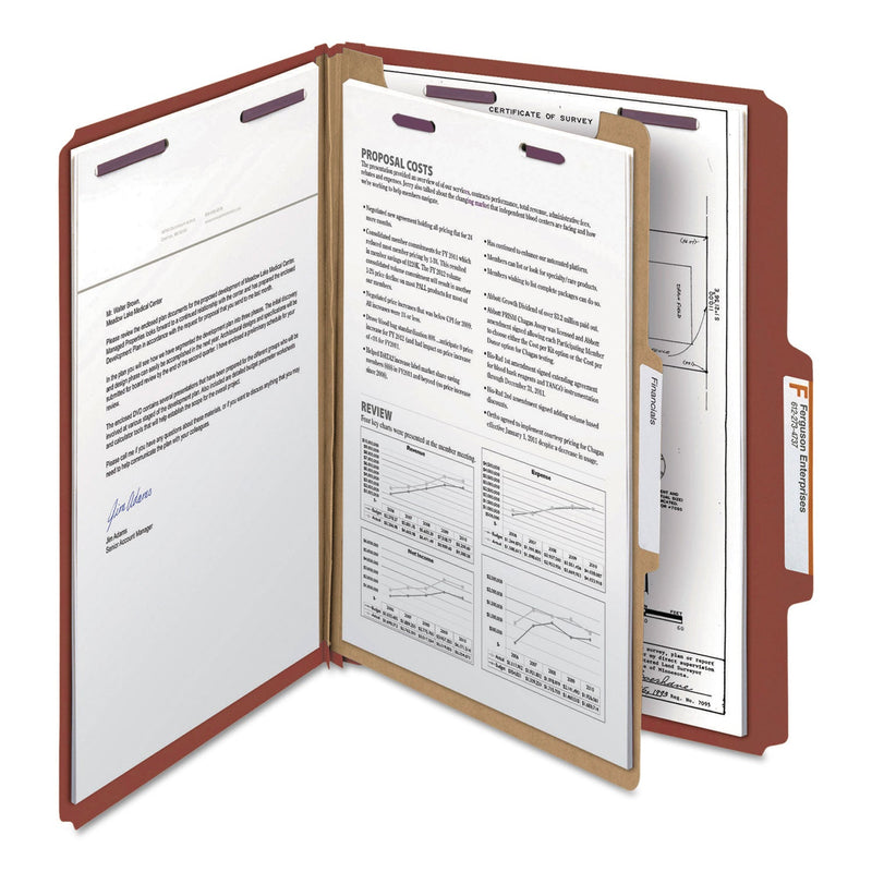 Smead Pressboard Classification Folders with SafeSHIELD Coated Fasteners, 2/5 Cut, 1 Divider, Letter Size, Red, 10/Box