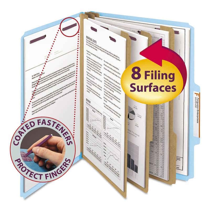 Smead Eight-Section Pressboard Top Tab Classification Folders with SafeSHIELD Fasteners, 3 Dividers, Letter Size, Blue, 10/Box