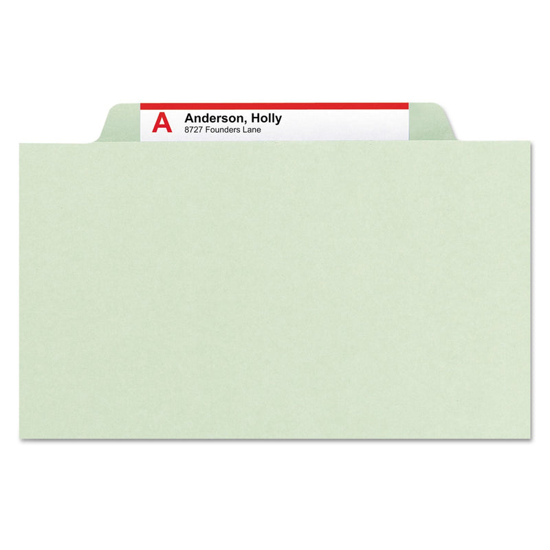 Smead Pressboard Classification Folders with SafeSHIELD Coated Fasteners, 2/5 Cut, 3 Dividers, Letter Size, Gray-Green, 10/Box