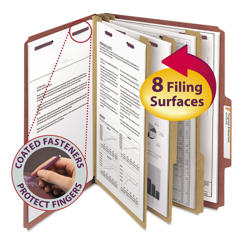 Smead Pressboard Classification Folders with SafeSHIELD Coated Fasteners, 2/5 Cut, 3 Dividers, Letter Size, Red, 10/Box
