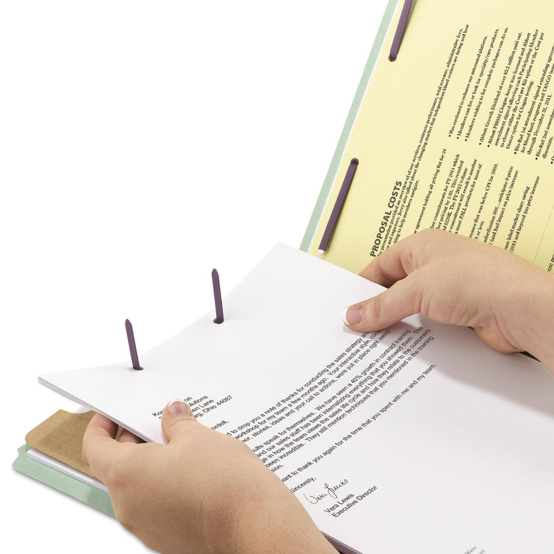 Smead Pressboard Classification Folders with SafeSHIELD Coated Fasteners, 2/5 Cut, 1 Divider, Legal Size, Gray-Green, 10/Box