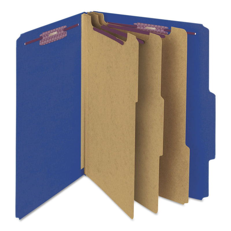 Smead Eight-Section Pressboard Top Tab Classification Folders with SafeSHIELD Fasteners, 3 Dividers, Letter Size, Dark Blue, 10/Box