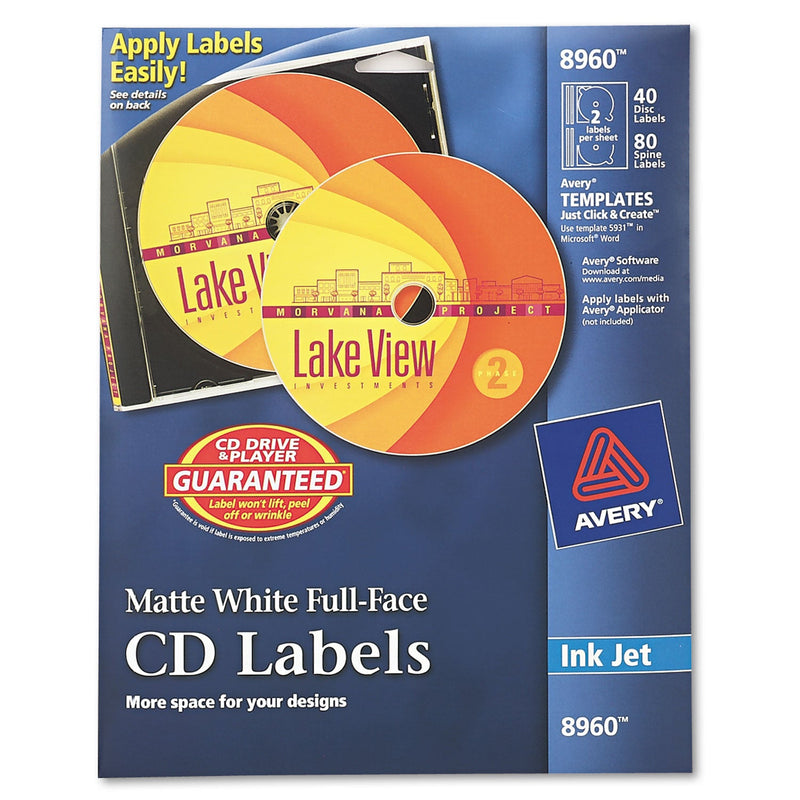 Avery Inkjet Full-Face CD Labels, Matte White, 40/Pack