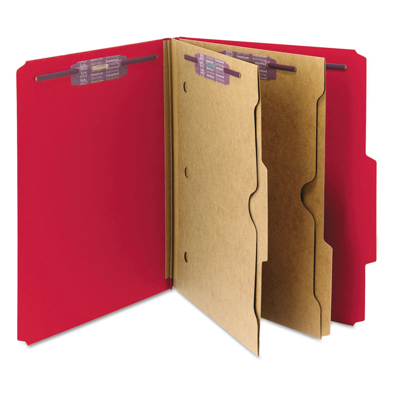 Smead 6-Section Pressboard Top Tab Pocket-Style Classification Folders with SafeSHIELD Fasteners, 2 Dividers, Letter, Red, 10/Box