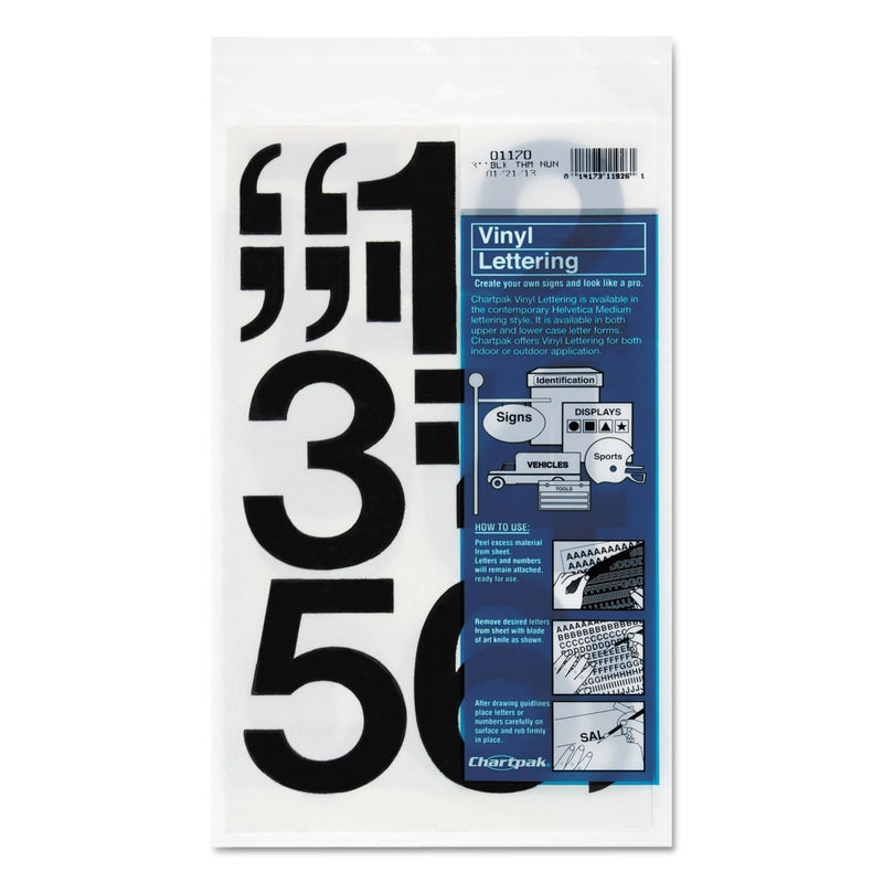 Chartpak Press-On Vinyl Numbers, Self Adhesive, Black, 3"h, 10/Pack