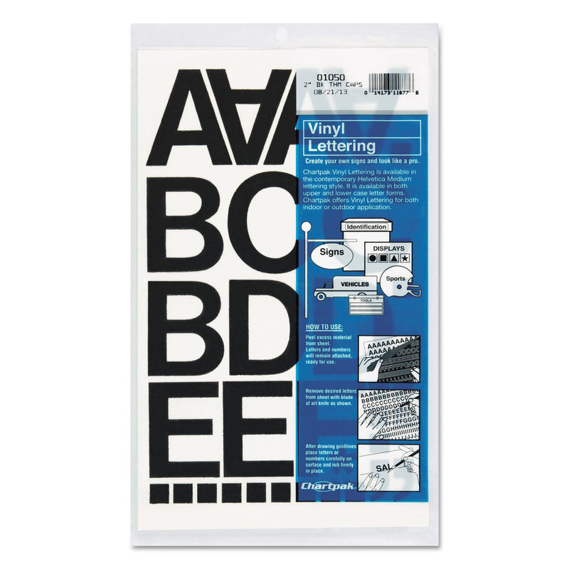 Chartpak Press-On Vinyl Letters and Numbers, Self Adhesive, Black, 2"h, 77/Pack