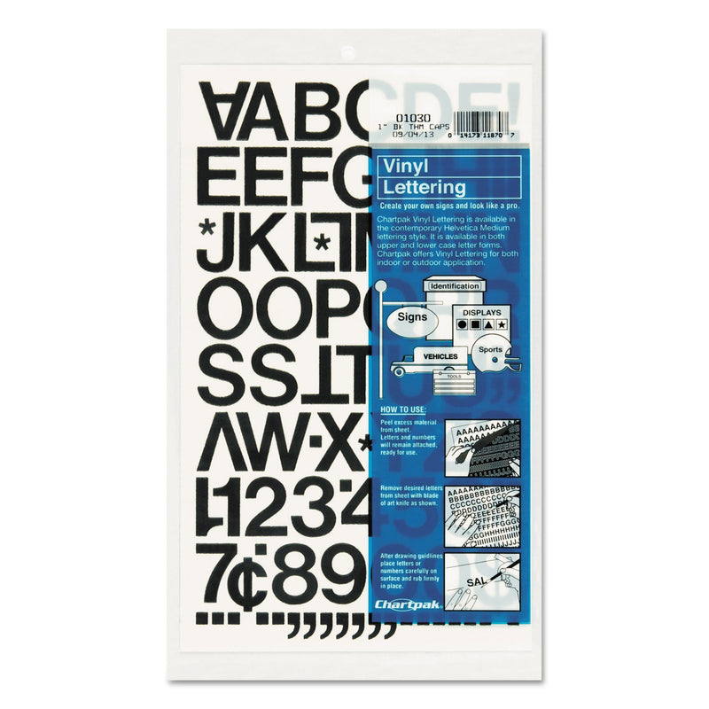 Chartpak Press-On Vinyl Letters and Numbers, Self Adhesive, Black, 1"h, 88/Pack