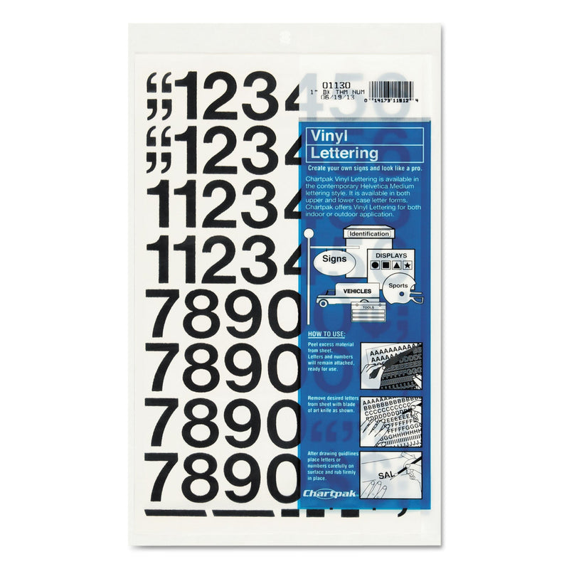 Chartpak Press-On Vinyl Numbers, Self Adhesive, Black, 1"h, 44/Pack