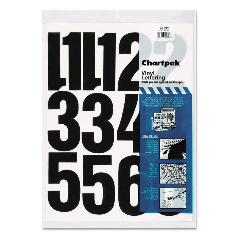 Chartpak Press-On Vinyl Numbers, Self Adhesive, Black, 4"h, 23/Pack