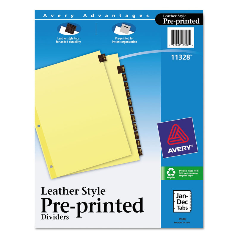 Avery Preprinted Red Leather Tab Dividers with Clear Reinforced Edge, 12-Tab, Jan. to Dec., 11 x 8.5, Buff, 1 Set