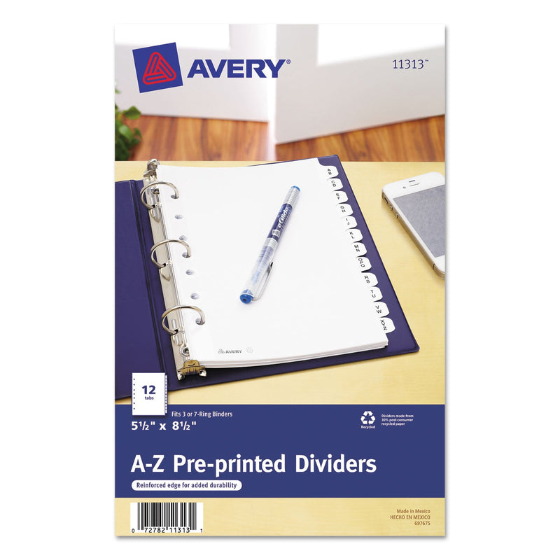 Avery Preprinted Tab Dividers, 12-Tab, A to Z, 8.5 x 5.5, White, 1 Set